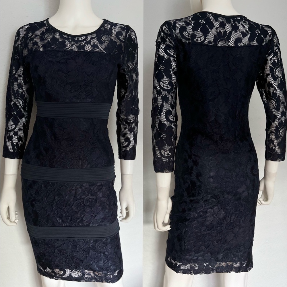 NWT STELLA WOMEN LACE DRESS‎ 3/4 LENGTH SLEEVES NAVY PARTY GOWN LINED